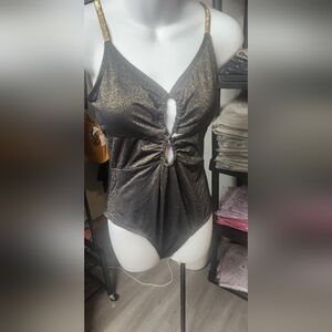 Cupshe Gold and Black Ruched One Piece Swimsuit